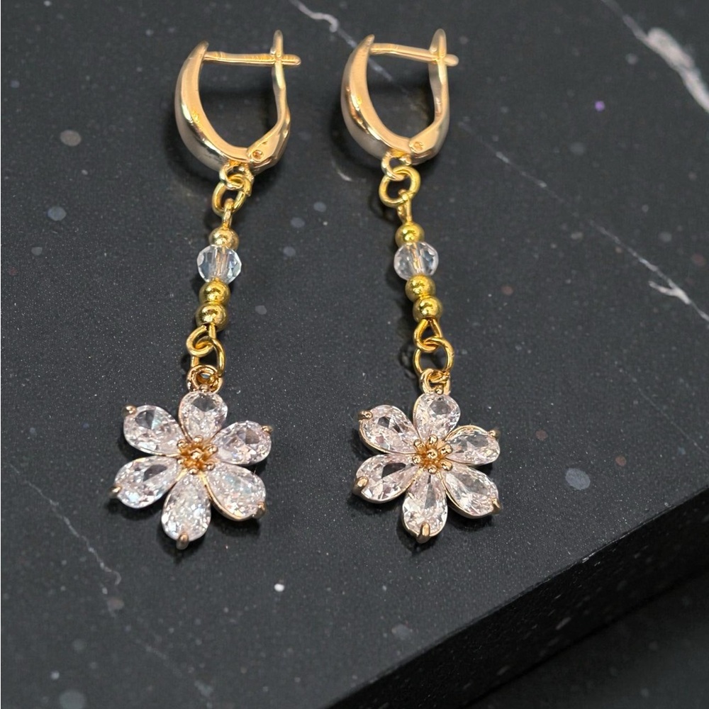 Gold and Crystal Flower Dangle Earrings